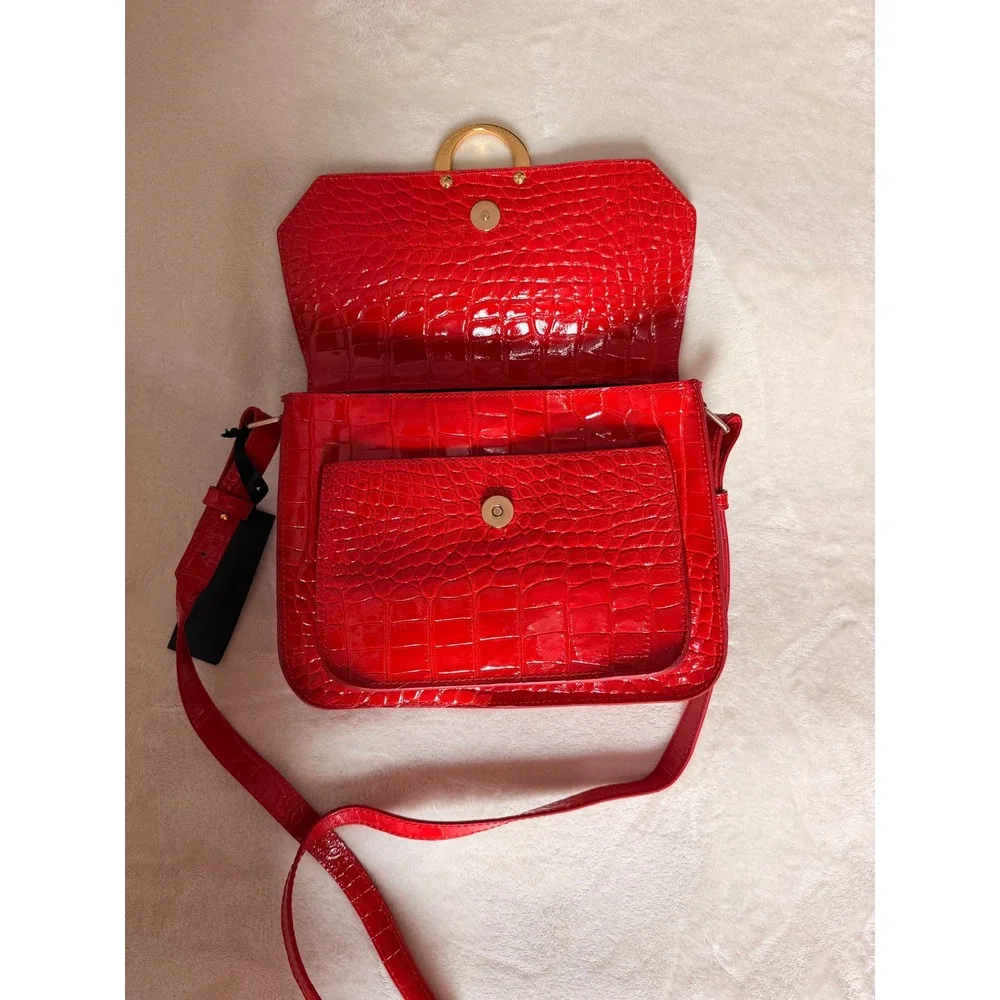 Estelle Veronique Red Croc Embossed Leather Crossbody Bag Made in Italy
